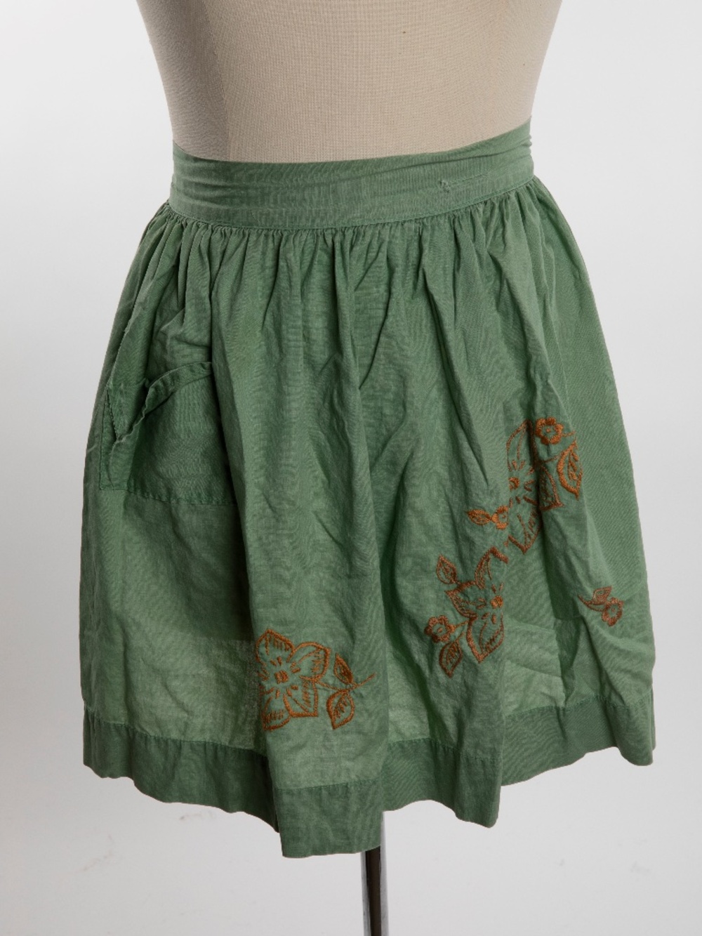 Antique Green Embroidered Apron with Pocket